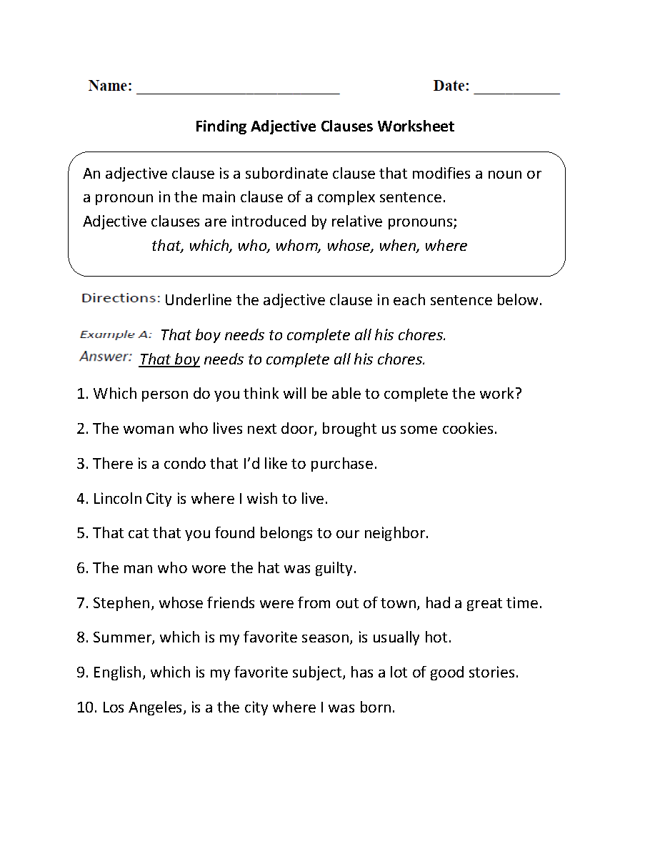 Finding Adjective Clauses Worksheet