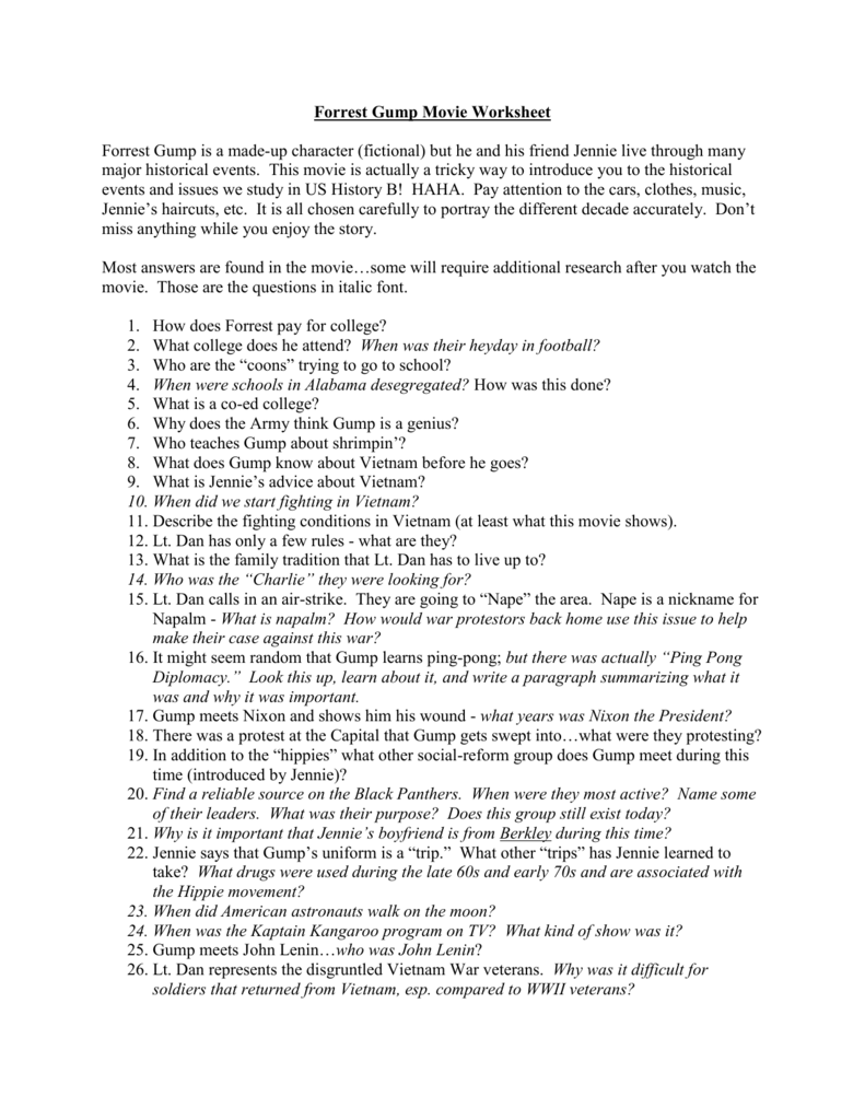 Forrest Gump Worksheet