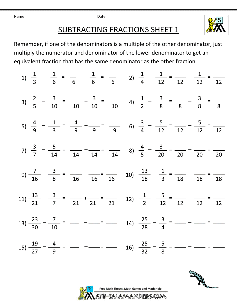 Free Fraction Worksheets Subtracting Fractions 1