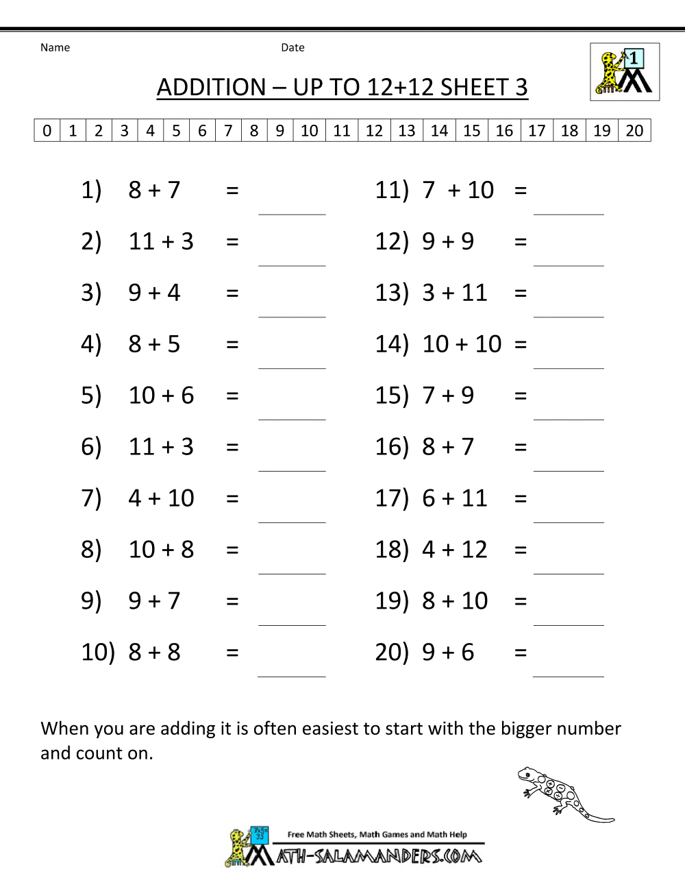 Free Math Addition Worksheets Mental Addition To 12 3