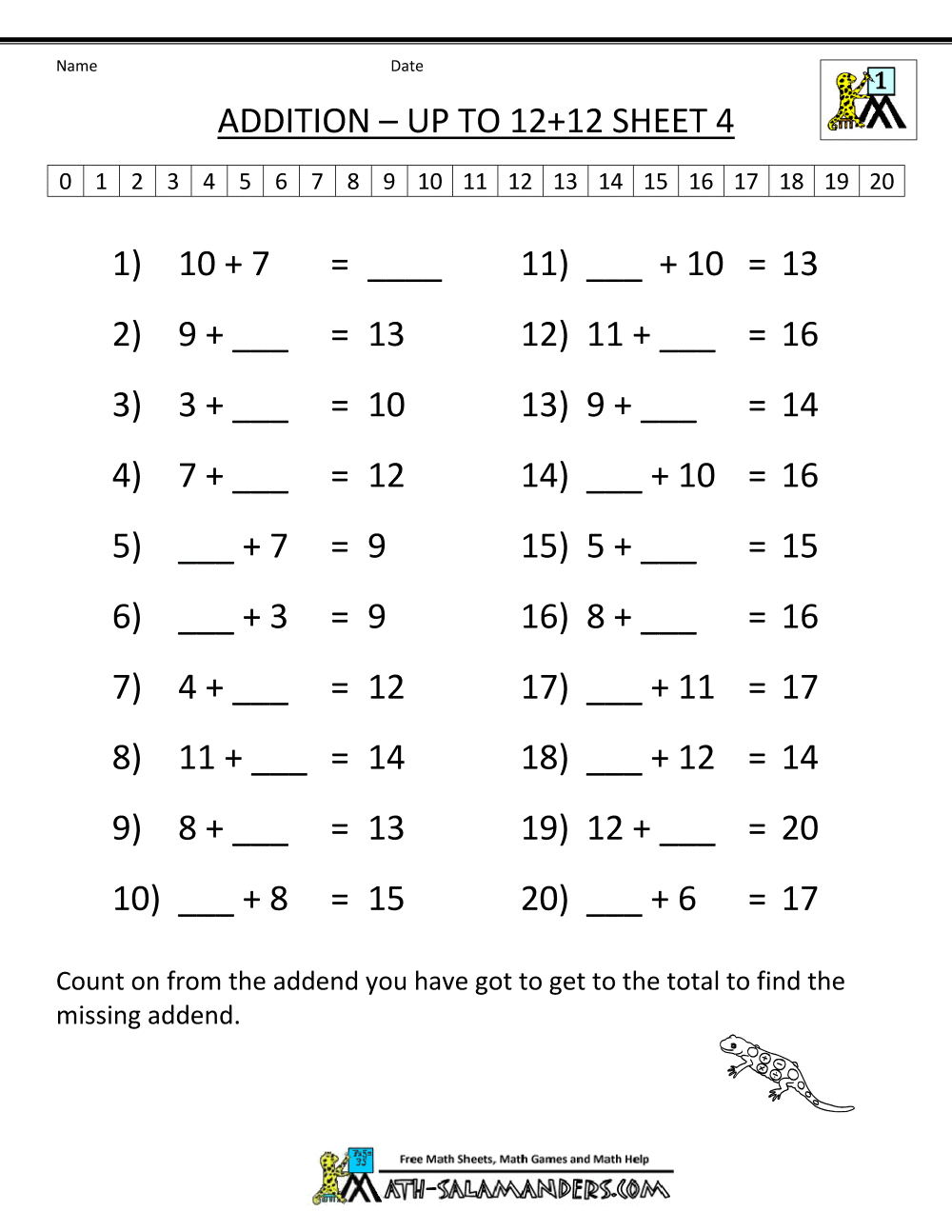 Free Printable Addition Worksheets Mental Addition To 12 4