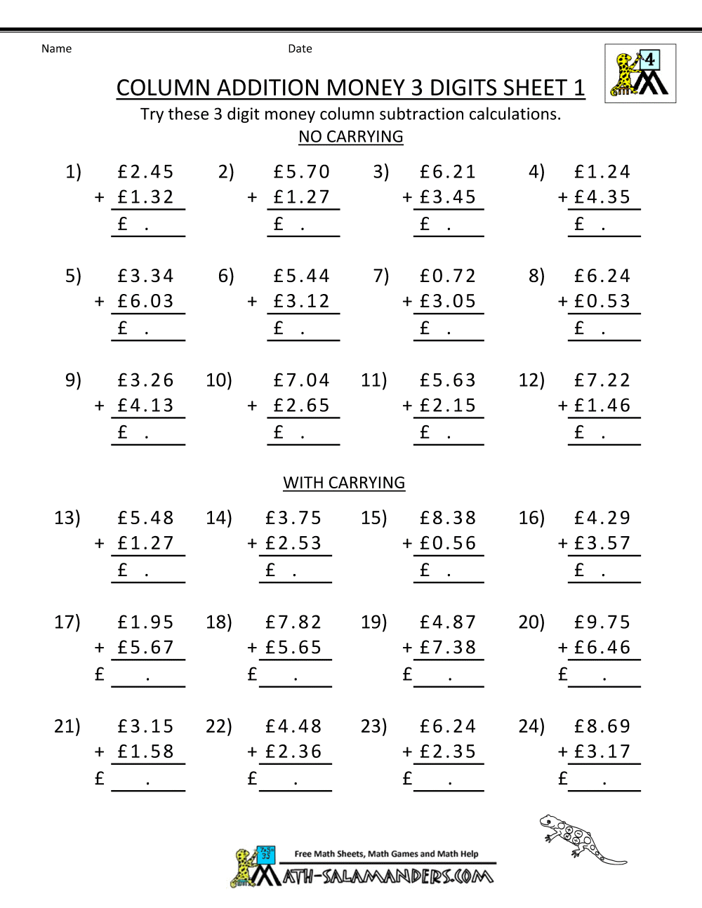Free Printable Money Worksheets Ks2 Mental Addition Math Column