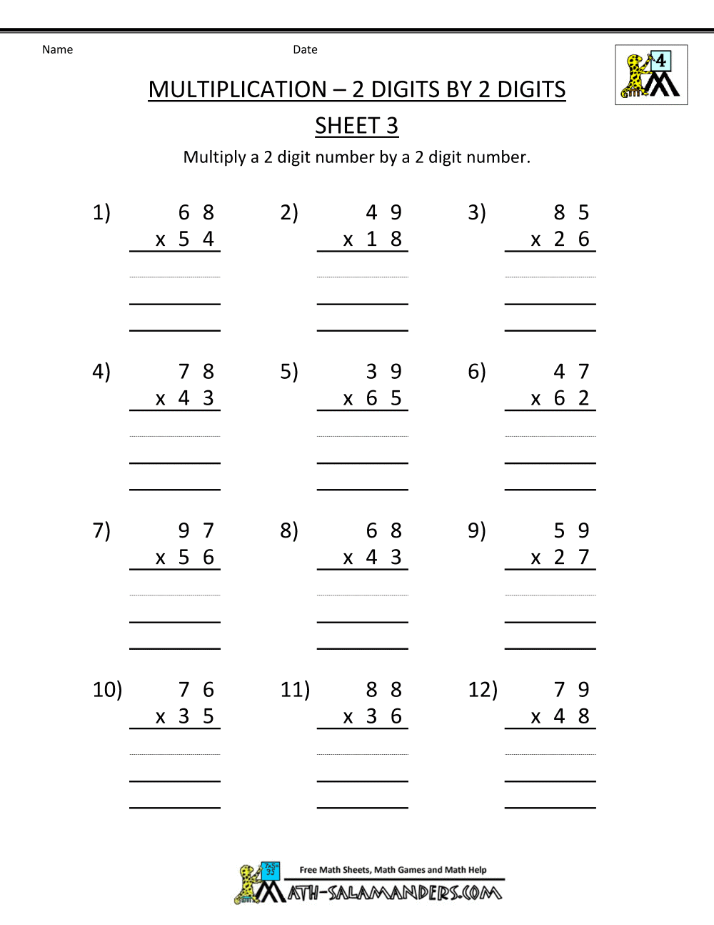 Free Printable Multiplication Worksheets 2 Digits By 2 Digits 3