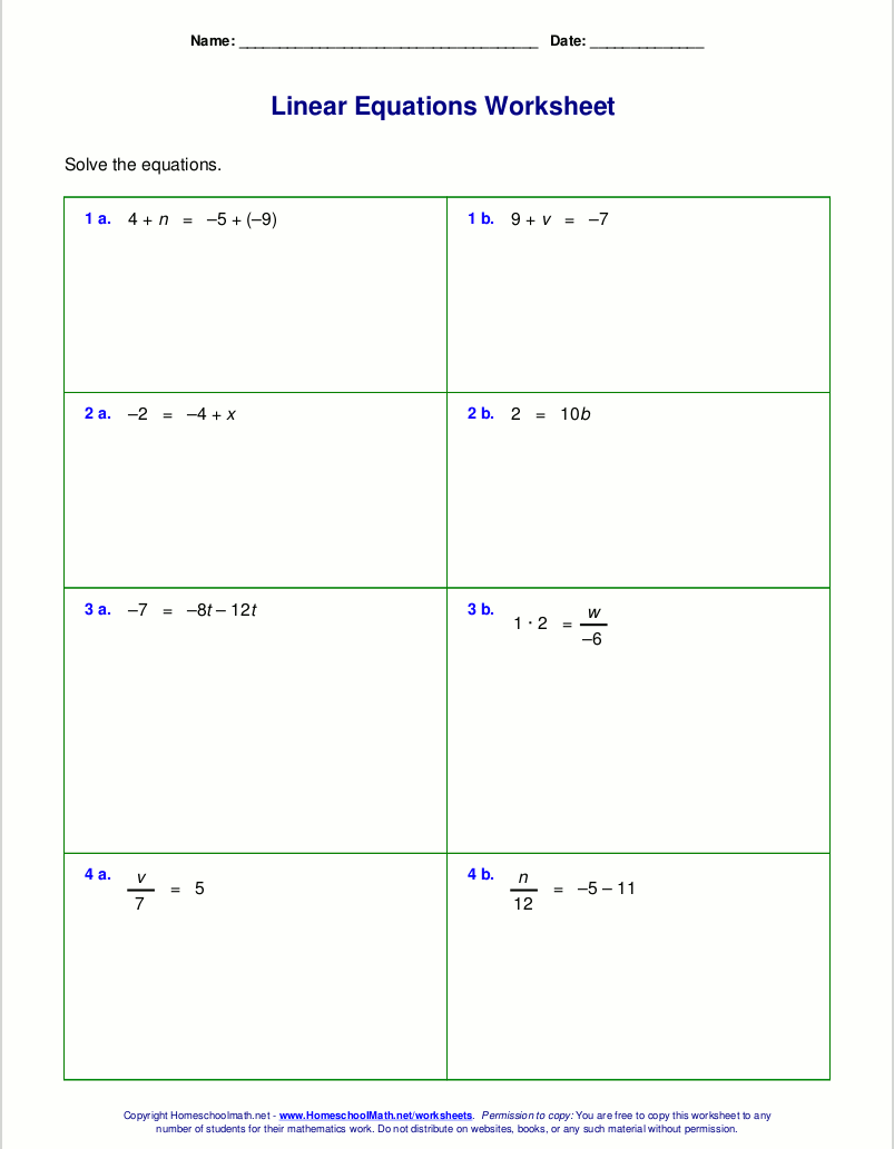 Free Worksheets For Linear Equations (grades 6