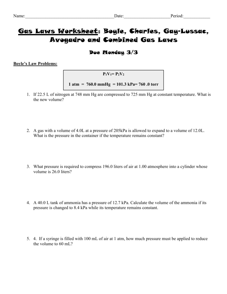 Gas Laws Worksheet  2  Boyle, Charles, And Combined Gas Laws