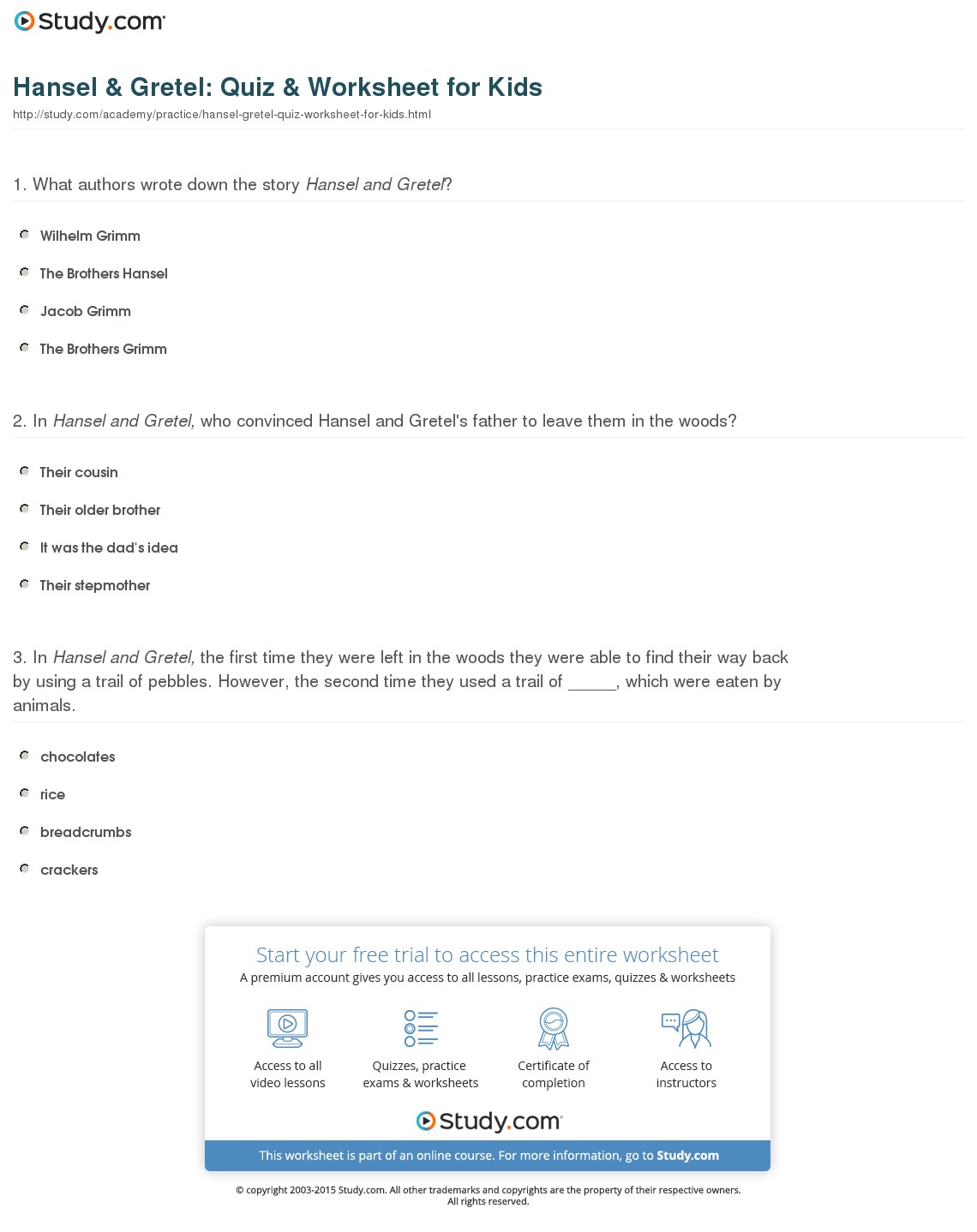 Hansel & Gretel  Quiz & Worksheet For Kids