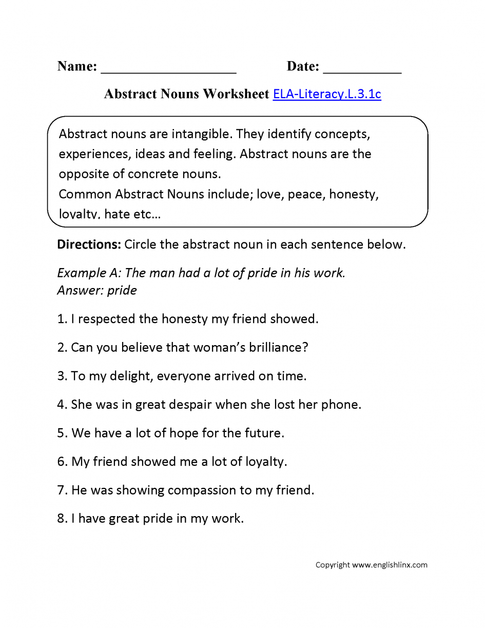 Kids Noun Worksheets Grade 5 Abstract Nouns Worksheet For Grade