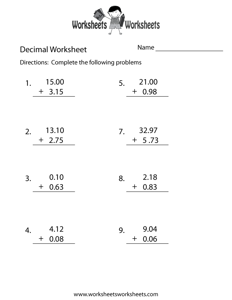Kindergarten Decimal Addition Worksheet Printable