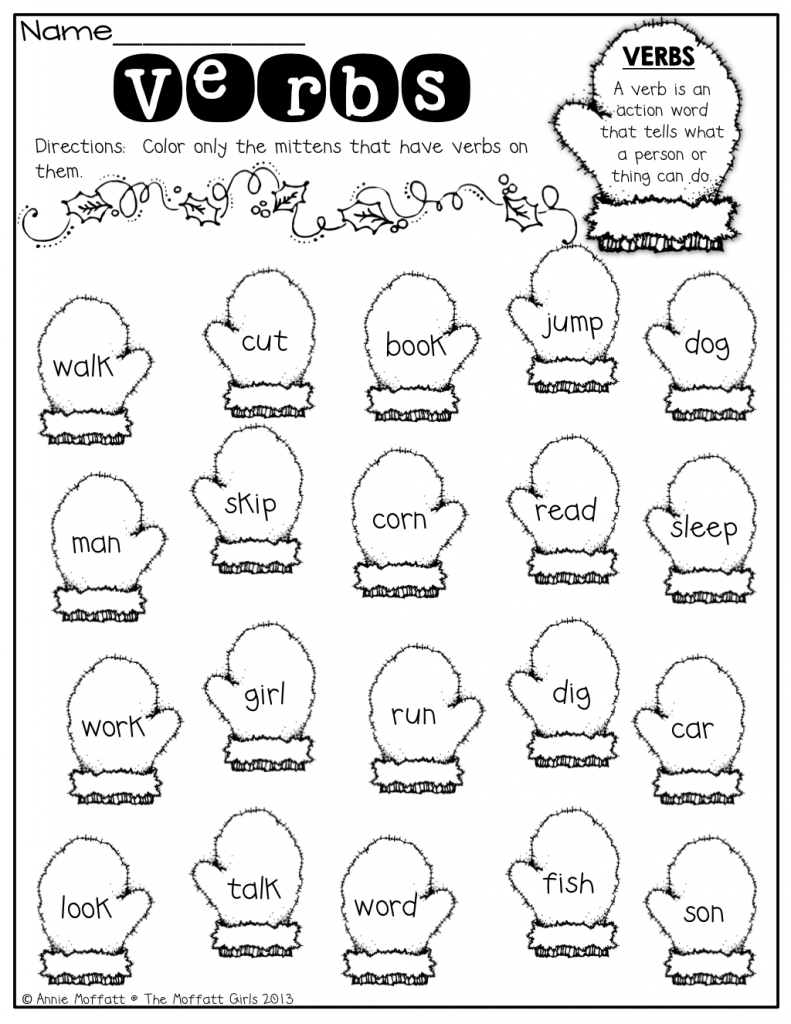 Kindergarten Verbs! Color The Mittens That Have Verbs!