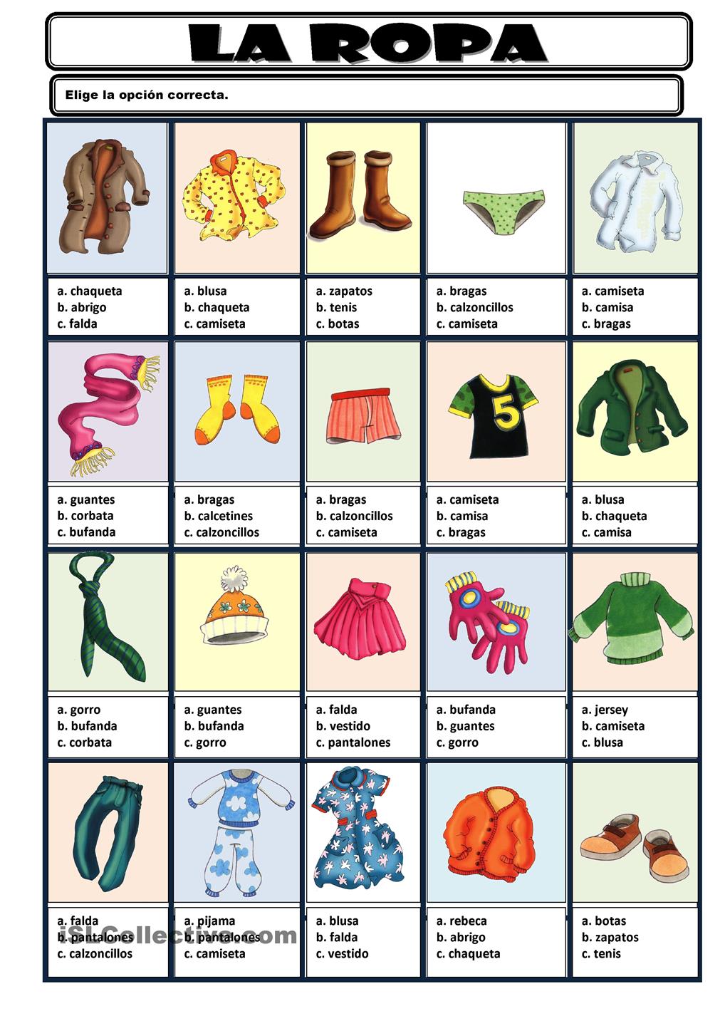 LÃ¡mina Para Trabajar El Vocabulario De La Ropa  Actividad  Escoge