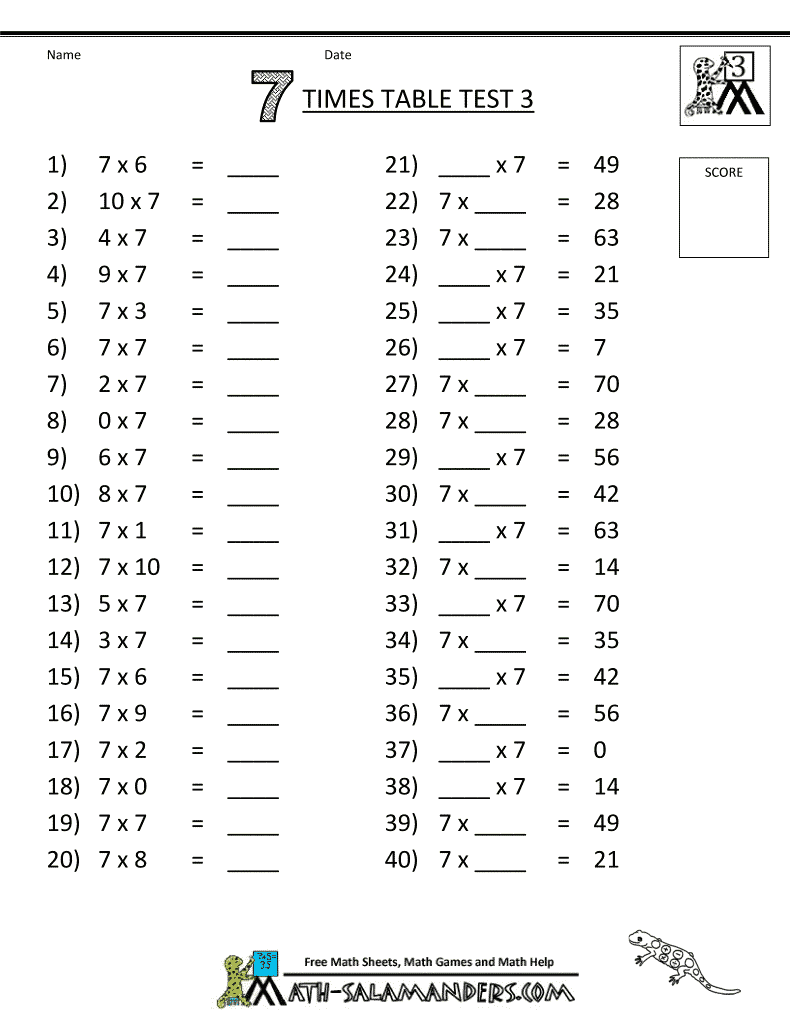 Math Worksheets 3rd Grade 7 Times Table Test 3