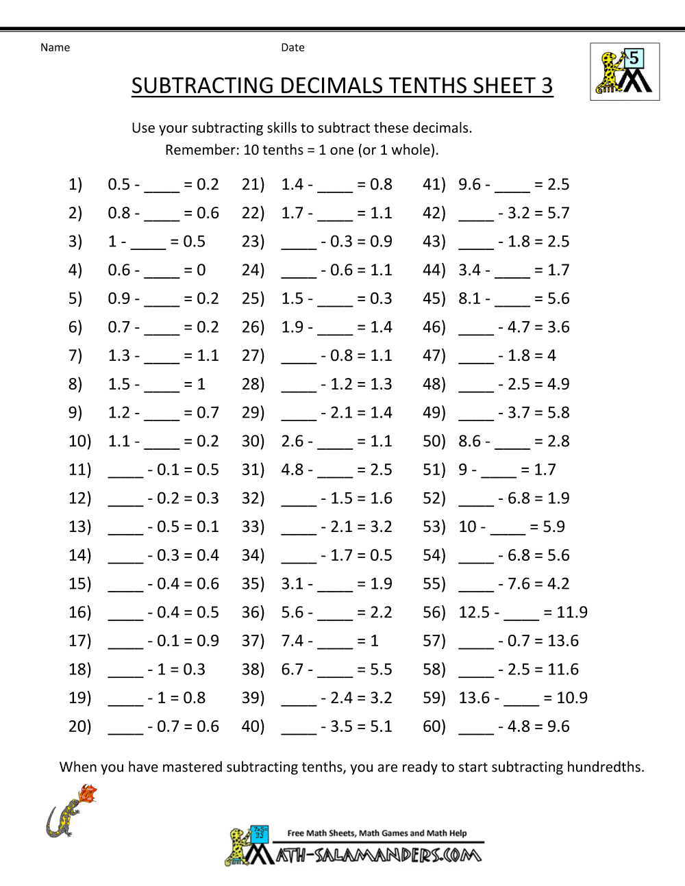 Math Worksheets Decimals Subtraction