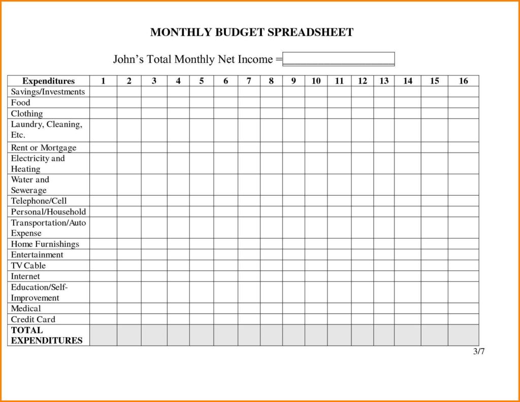 Monthly Bills Budget Worksheet