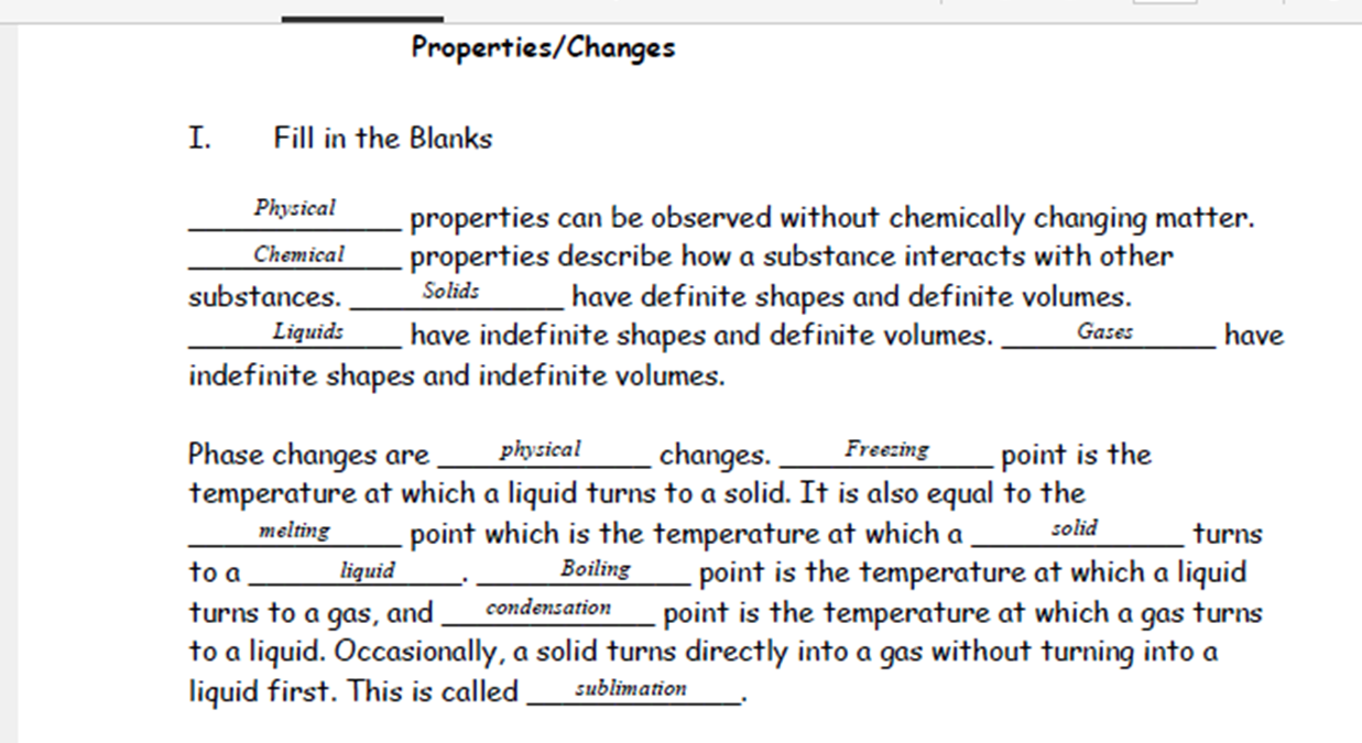 Ms  Clark's Physical Science Blog  Answer Key  Physical And