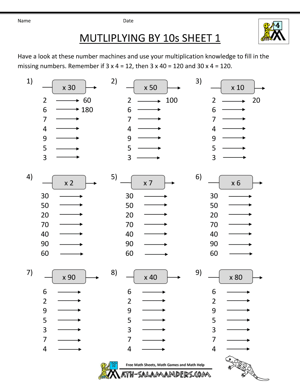 4th Grade Multiplication Facts Worksheets