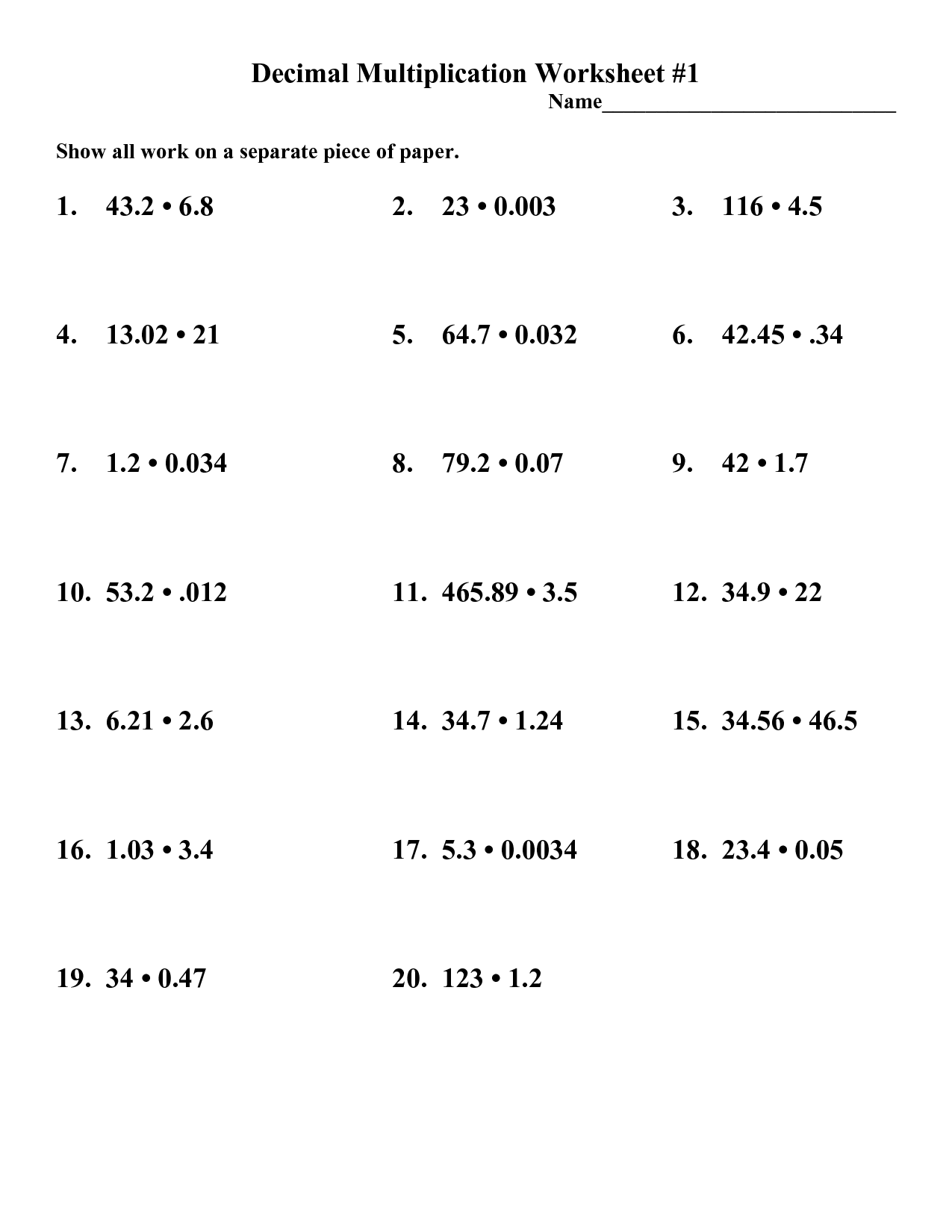 Multiplication Fact Sheets Multiplying And Dividing Decimals