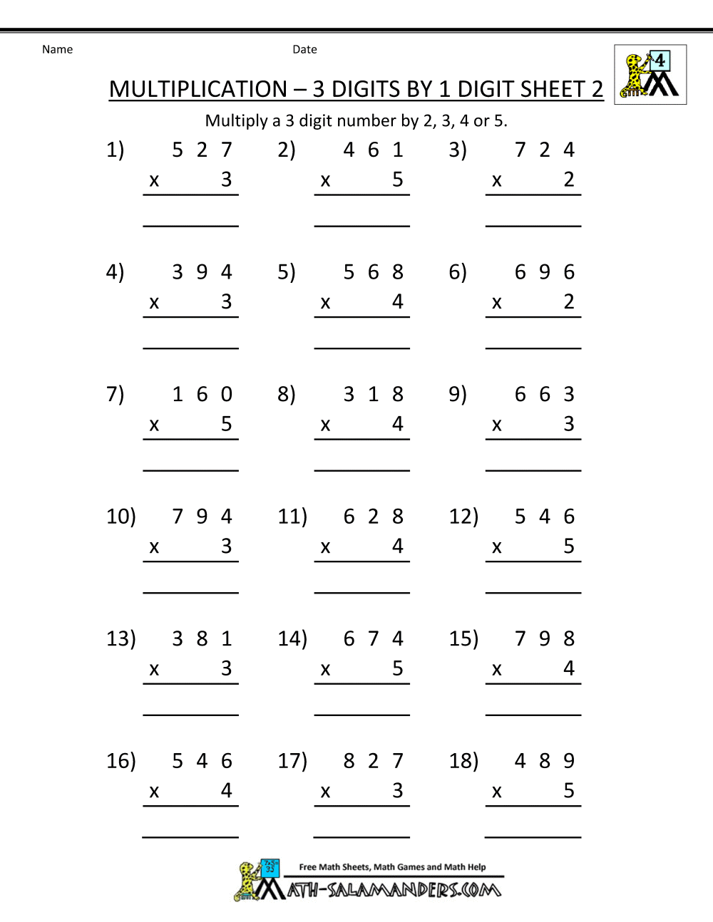 Multiplication Sheet 4th Grade