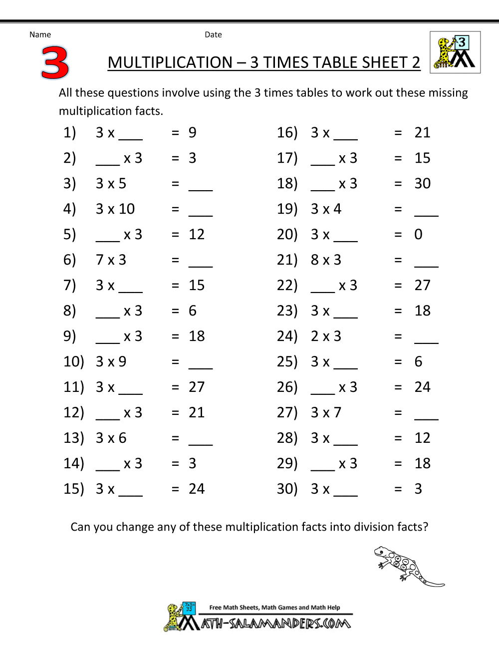 Multiplication Table Worksheets Grade 3