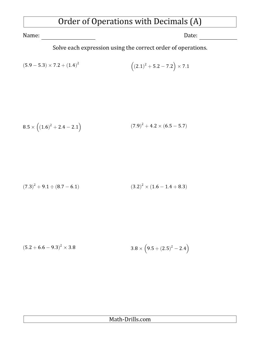 Order Of Operations With Positive Decimals (four Steps) (a)