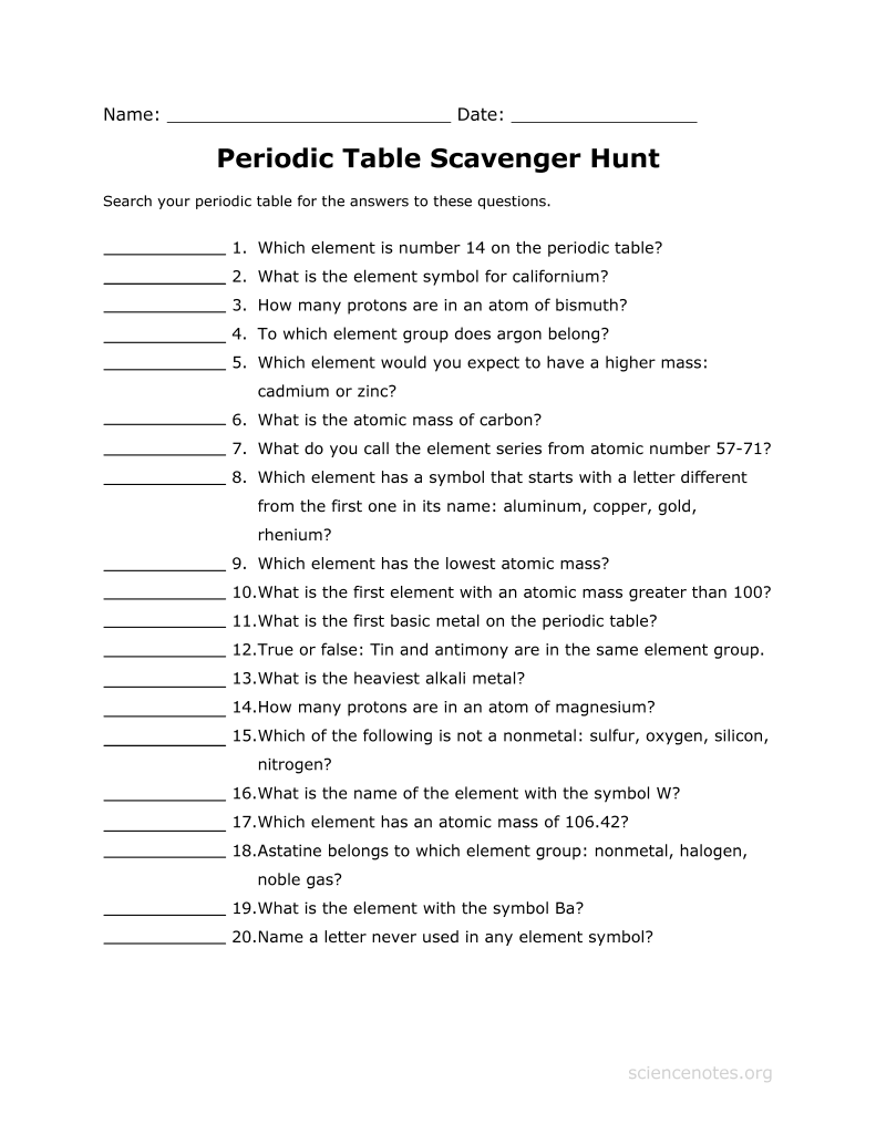 Periodic Table Scavenger Hunt Teaching Middle School Science