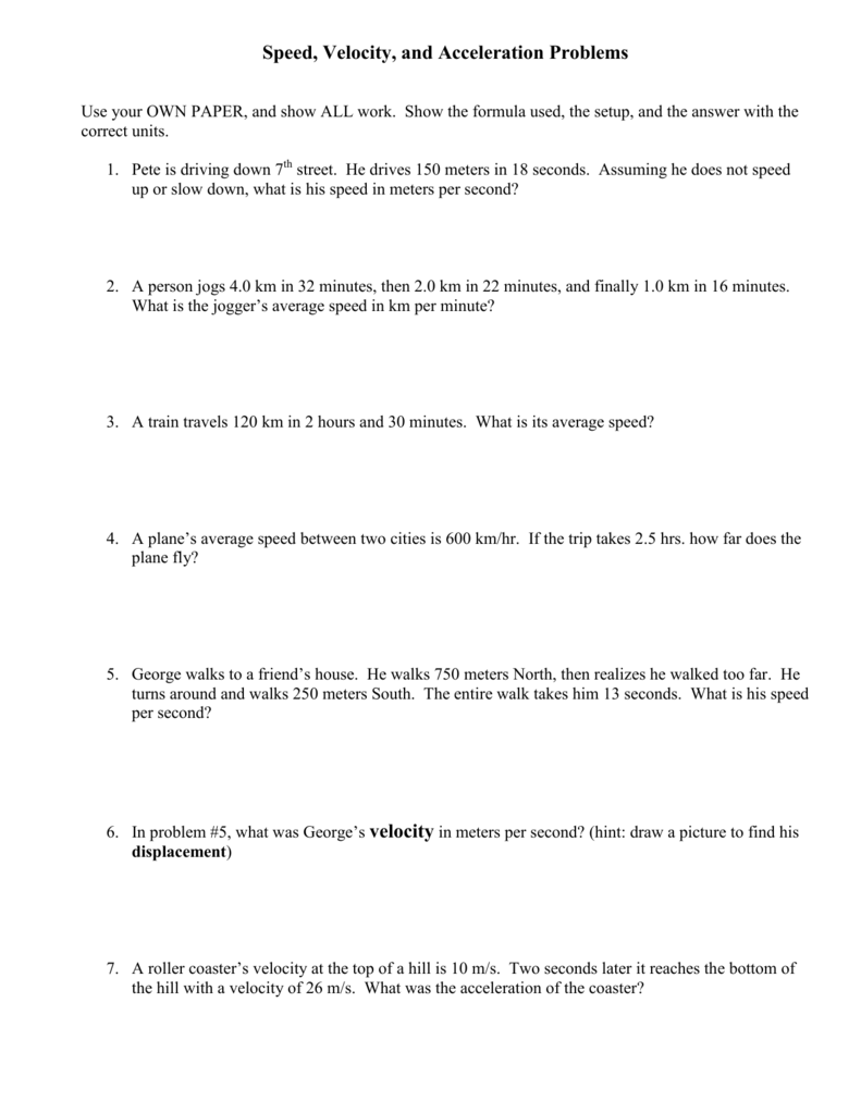 Displacement And Velocity Worksheet