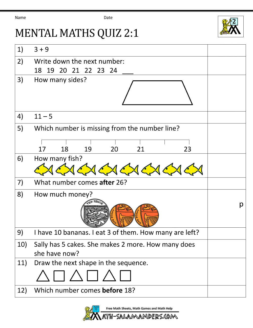Printable Mental Maths Year 2 Worksheets