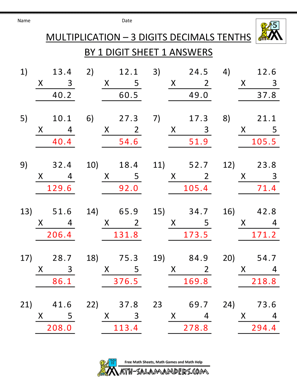 Printable Multiplication Sheets 5th Grade