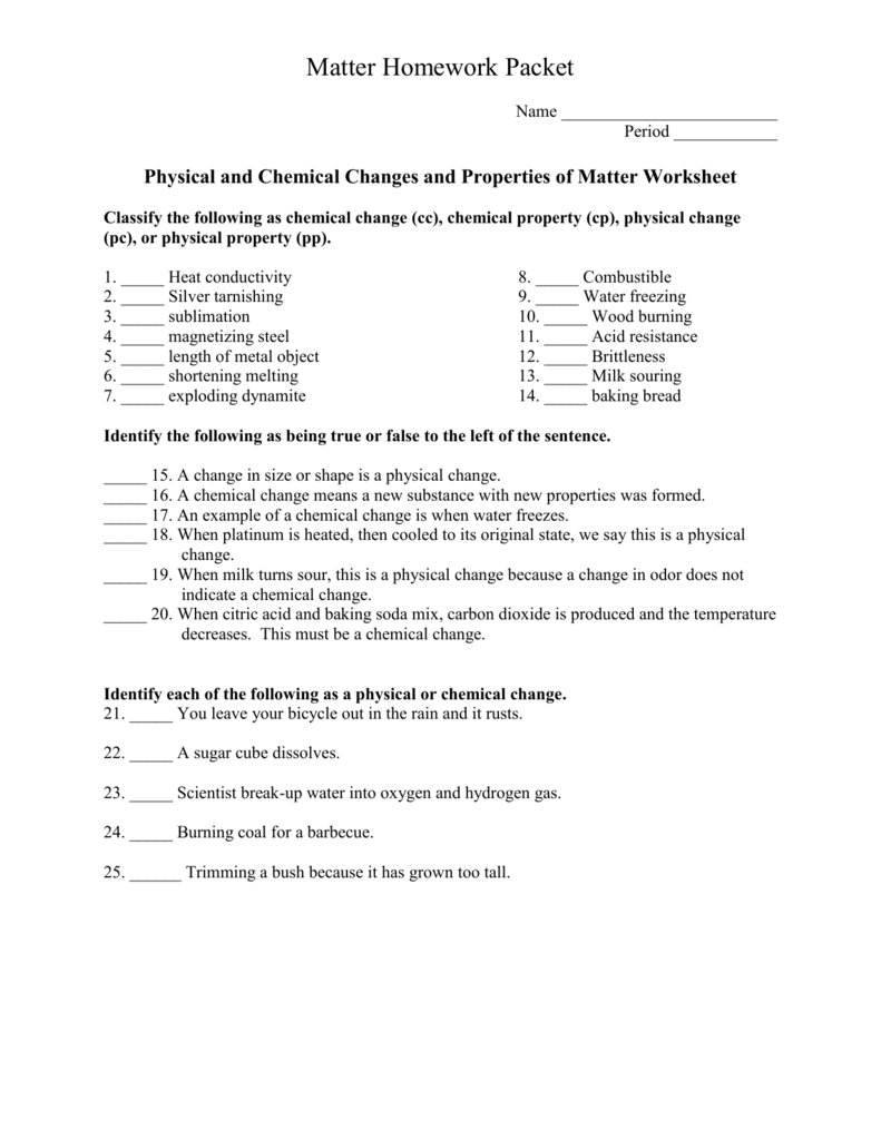 Properties And Changes Of Matter Worksheet
