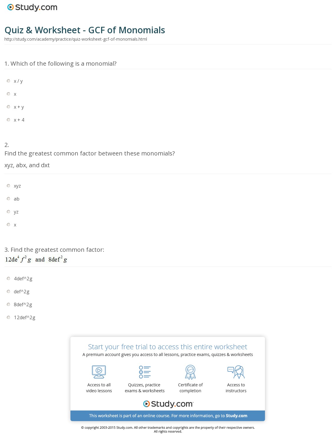 Factoring Monomials Worksheet