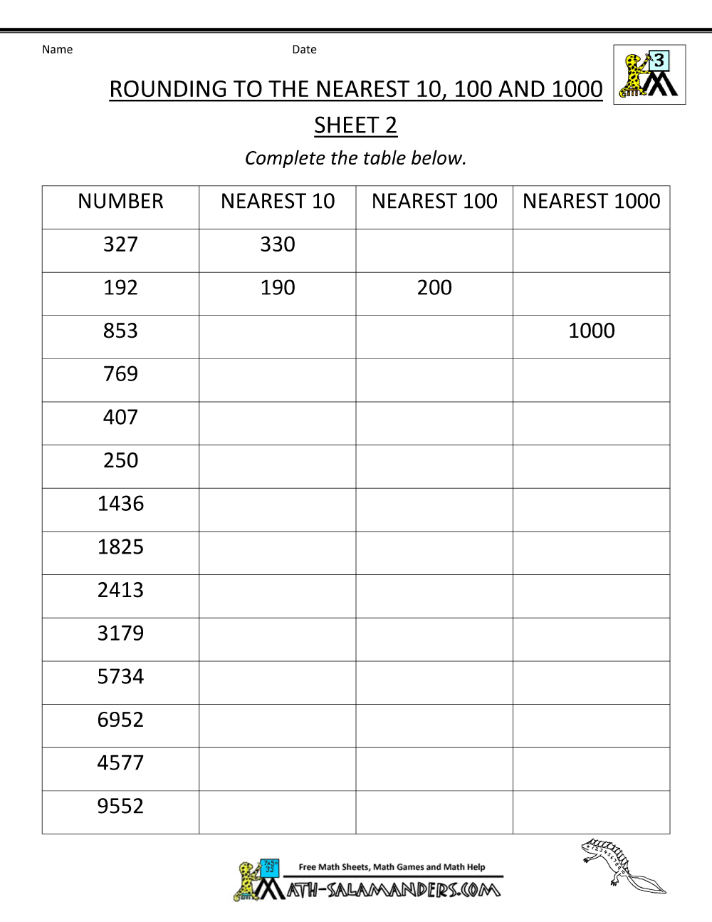 Rounding Number Worksheets Nearest 10 100 1000 2