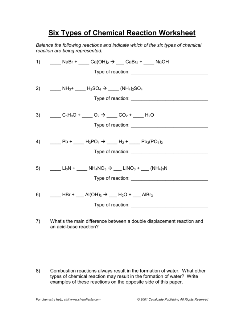 Six Types Of Chemical Reactions Worksheet Worksheets For All