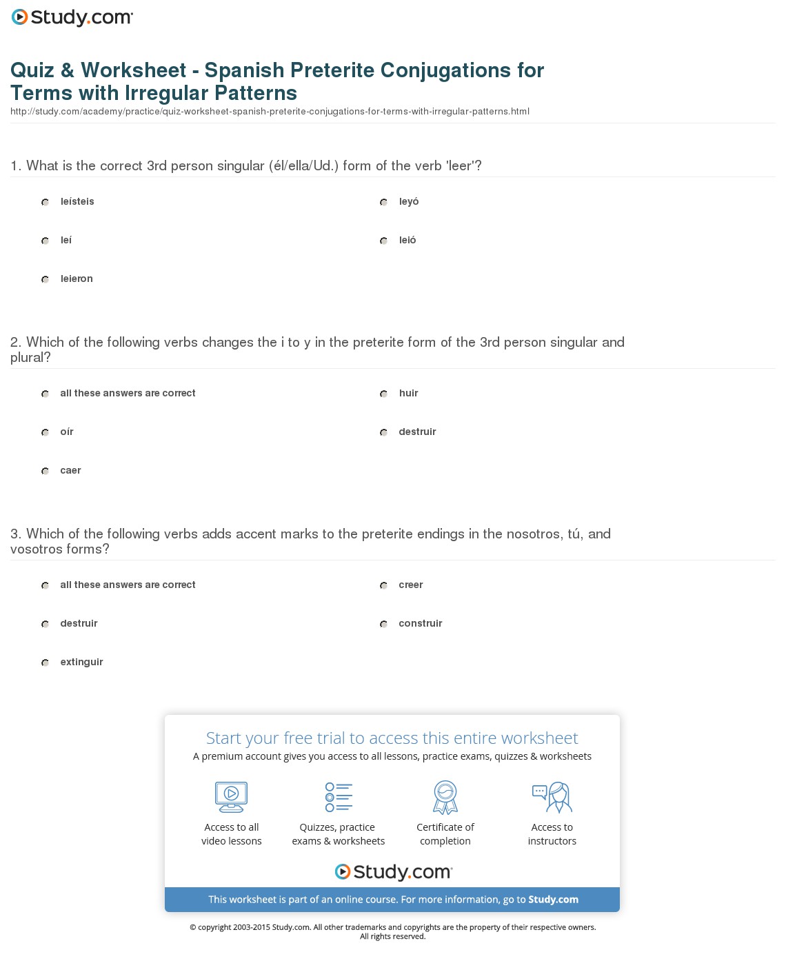Spanish Irregular Preterite Worksheet Worksheets