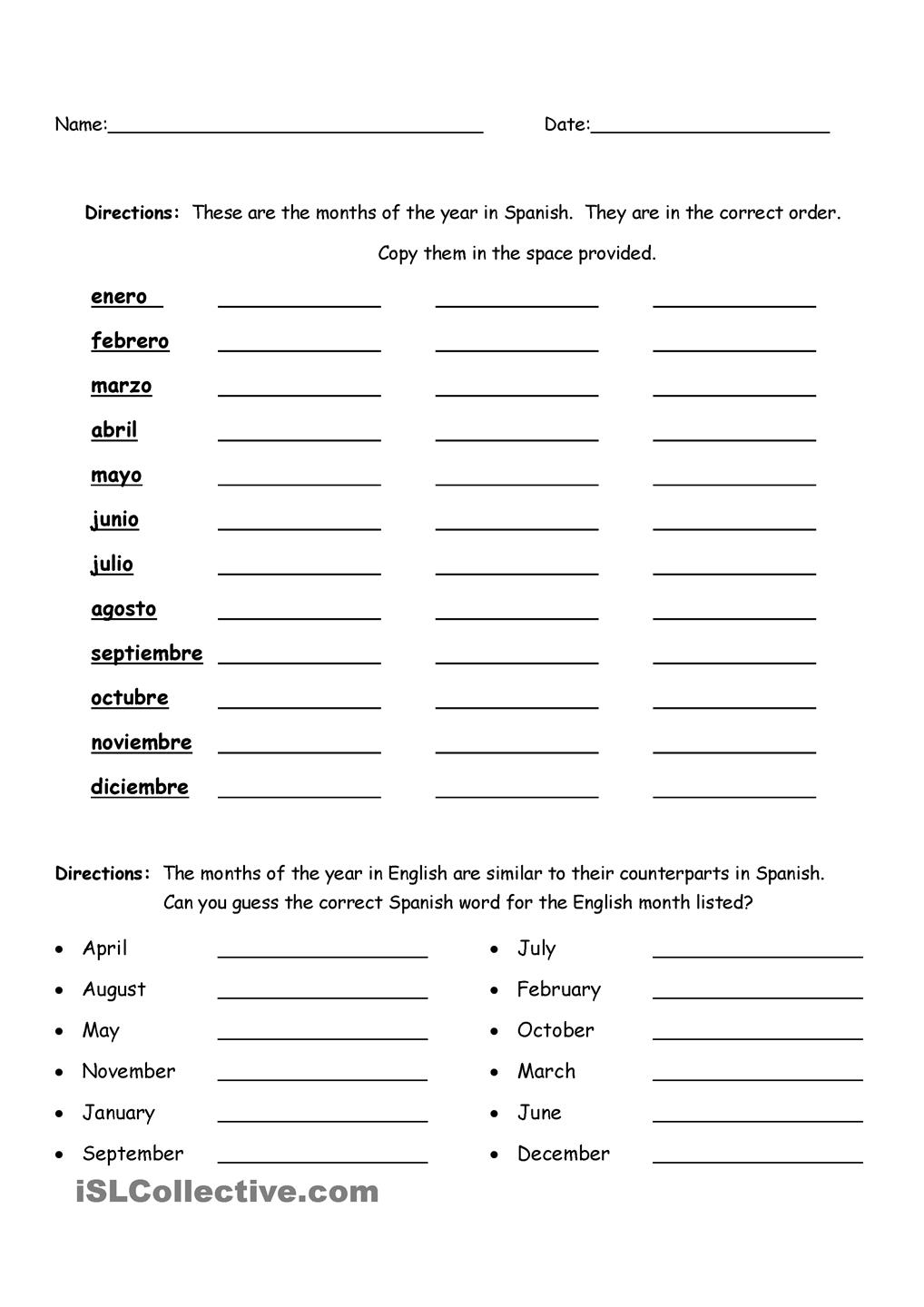 Spanish Months And Days Worksheets