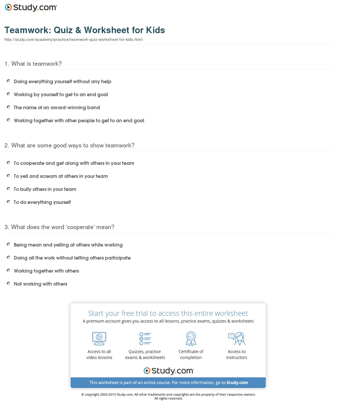 Teamwork  Quiz & Worksheet For Kids