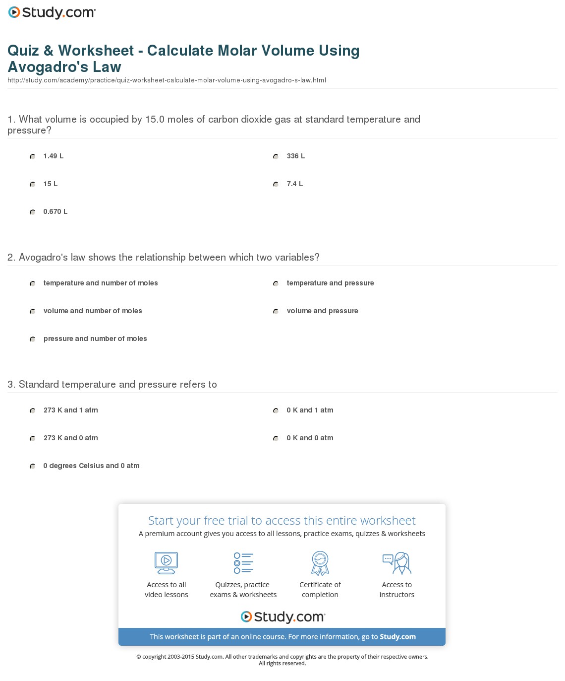 The Mole And Volume Worksheet Worksheets