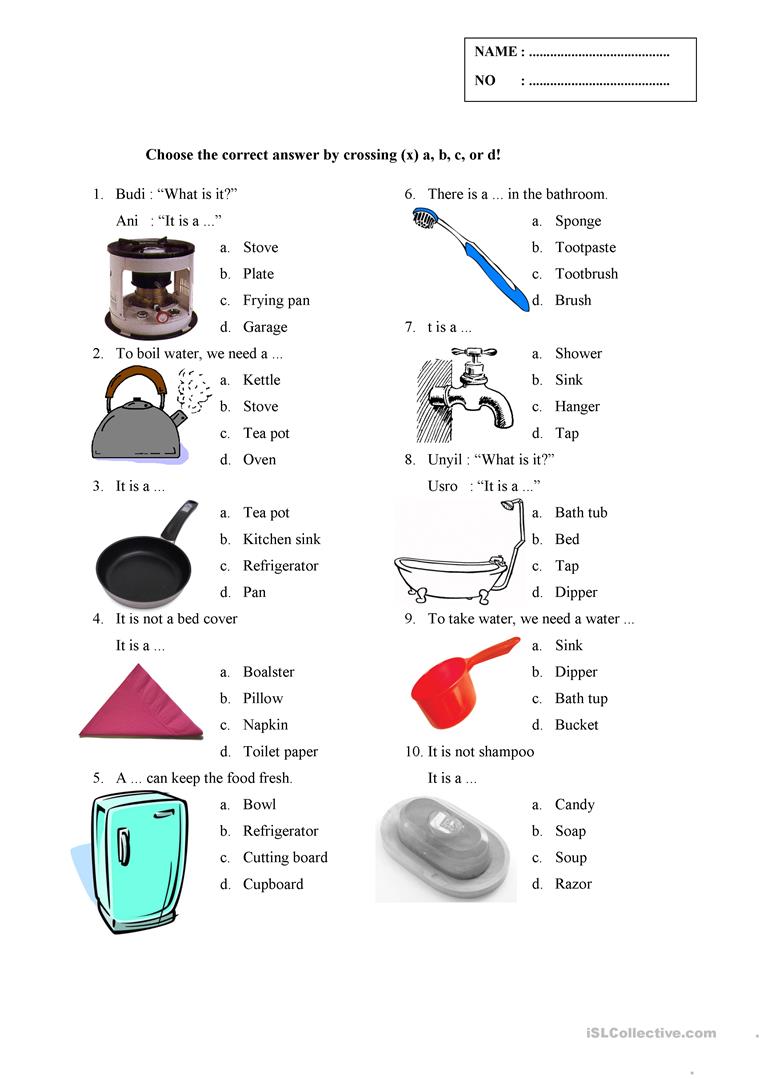 Things In The Kitchen And Bathroom Worksheet