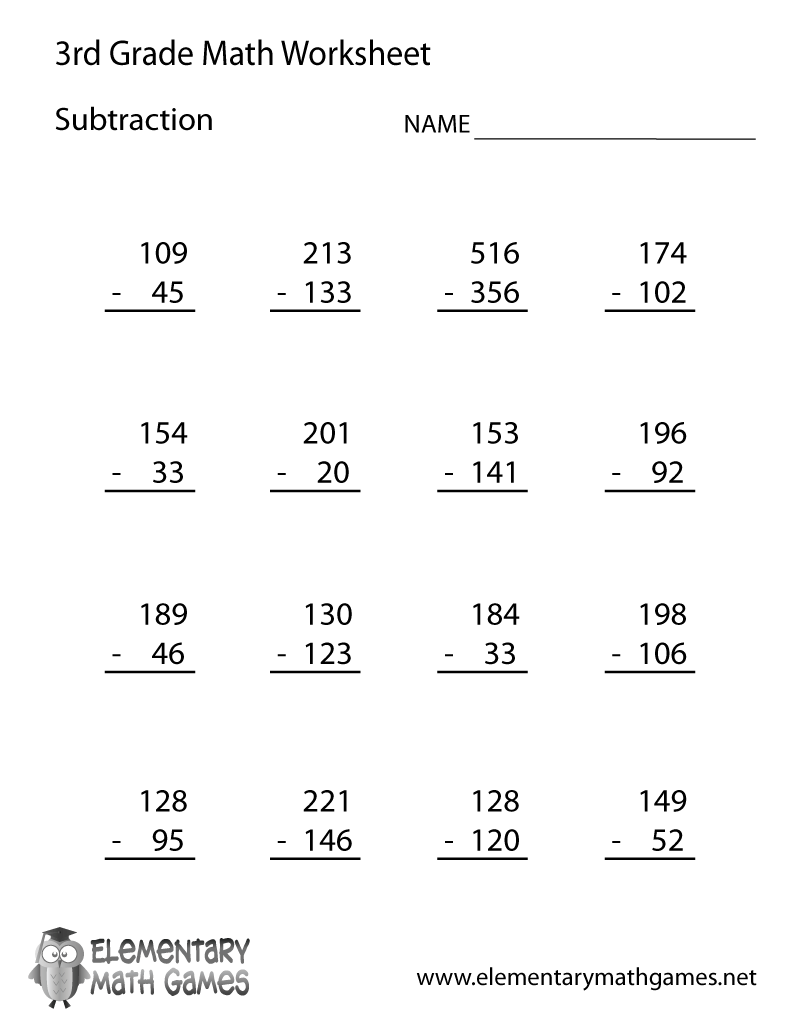Third Grade Subtraction Worksheet
