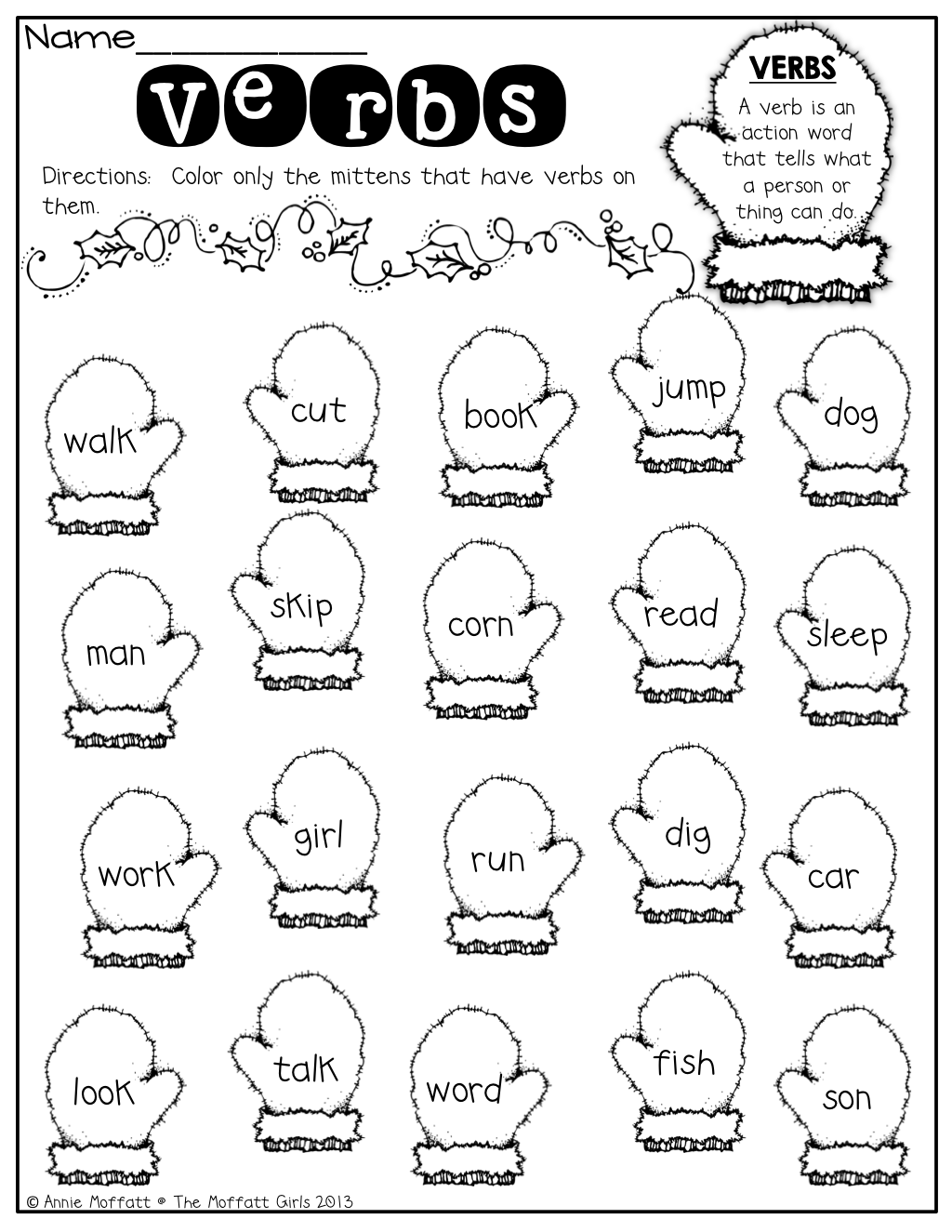 Verbs! Color The Mittens That Have Verbs!