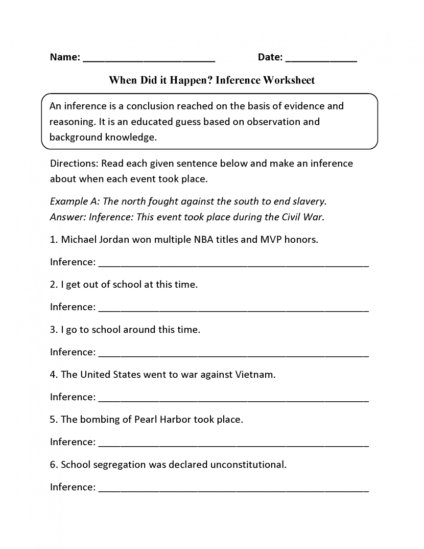When Did It Happen Inference Worksheets Worksheets Samples Context Clues