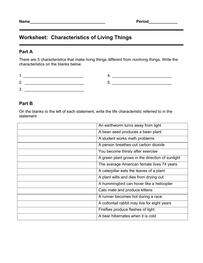 Worksheet  Characteristics Of Living Things