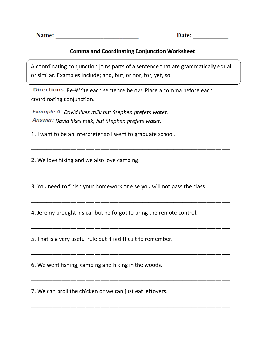 Coordinating Conjunctions Compound Sentences Worksheet