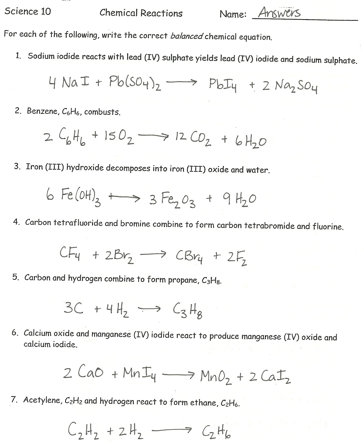 Writing Chemical Equations Worksheet 2 Answers