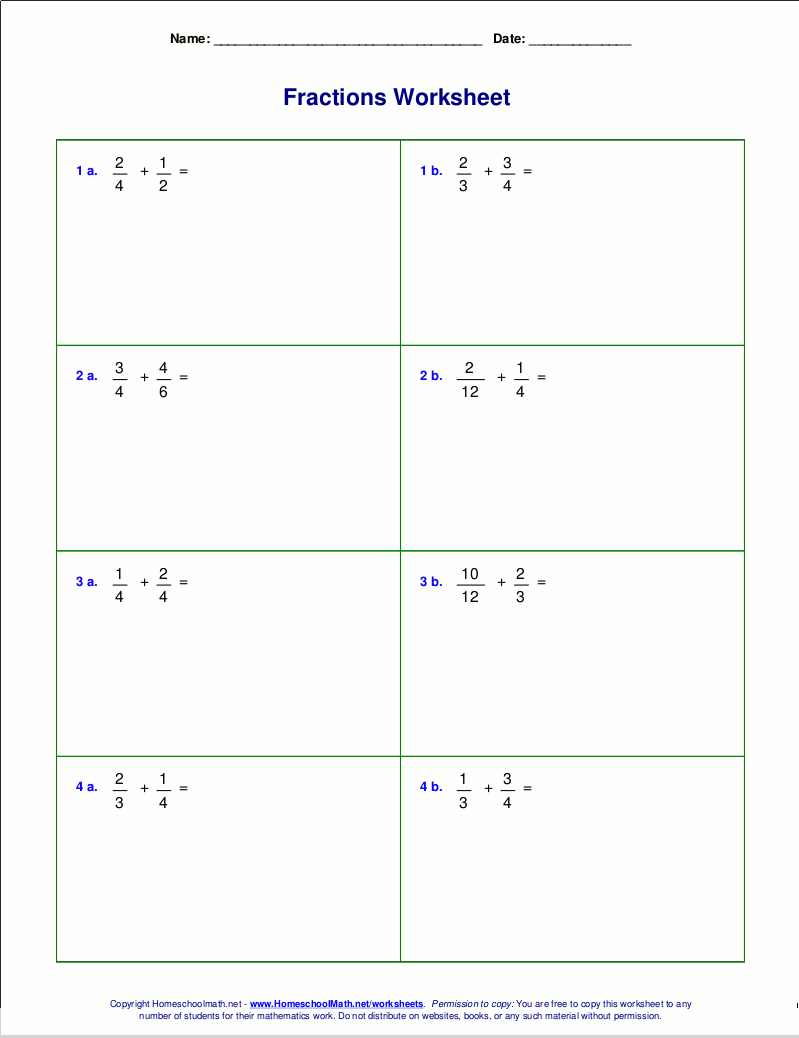 Add Fractions With Different Denominators Worksheets
