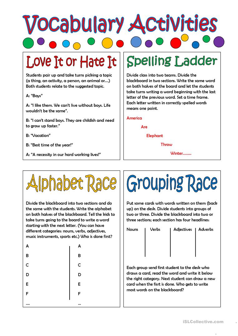 16 Free Esl Vocabulary Activities Worksheets