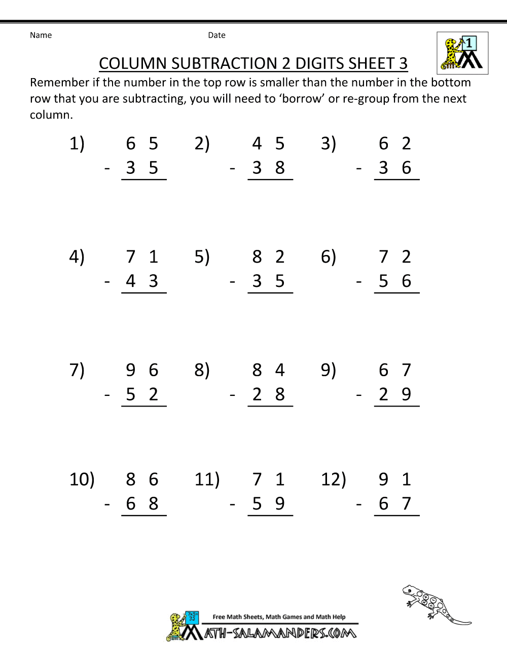 2 Digit Subtraction Worksheets