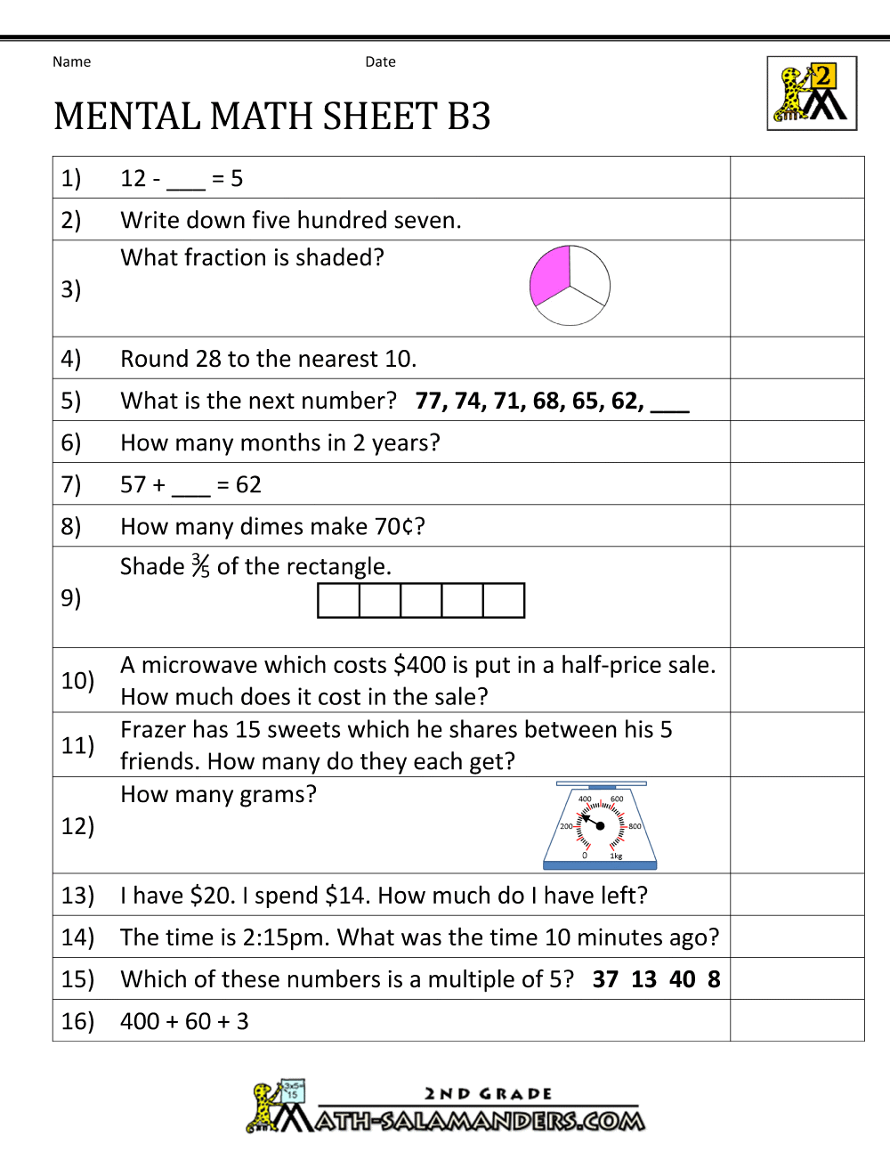 2nd Grade Math Test Printable Worksheets For All