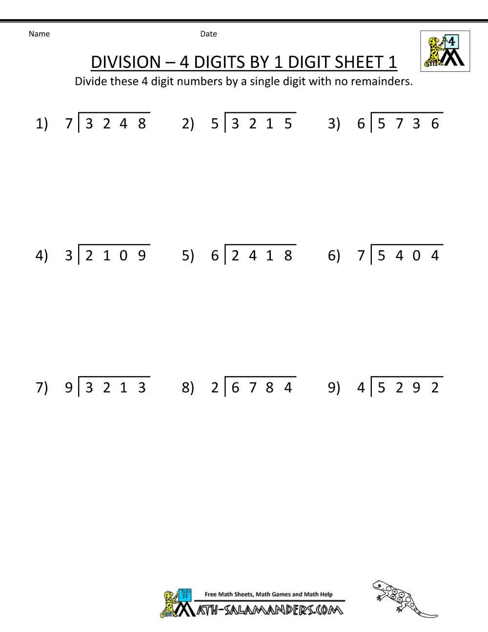 4th Grade Division Worksheets Homework
