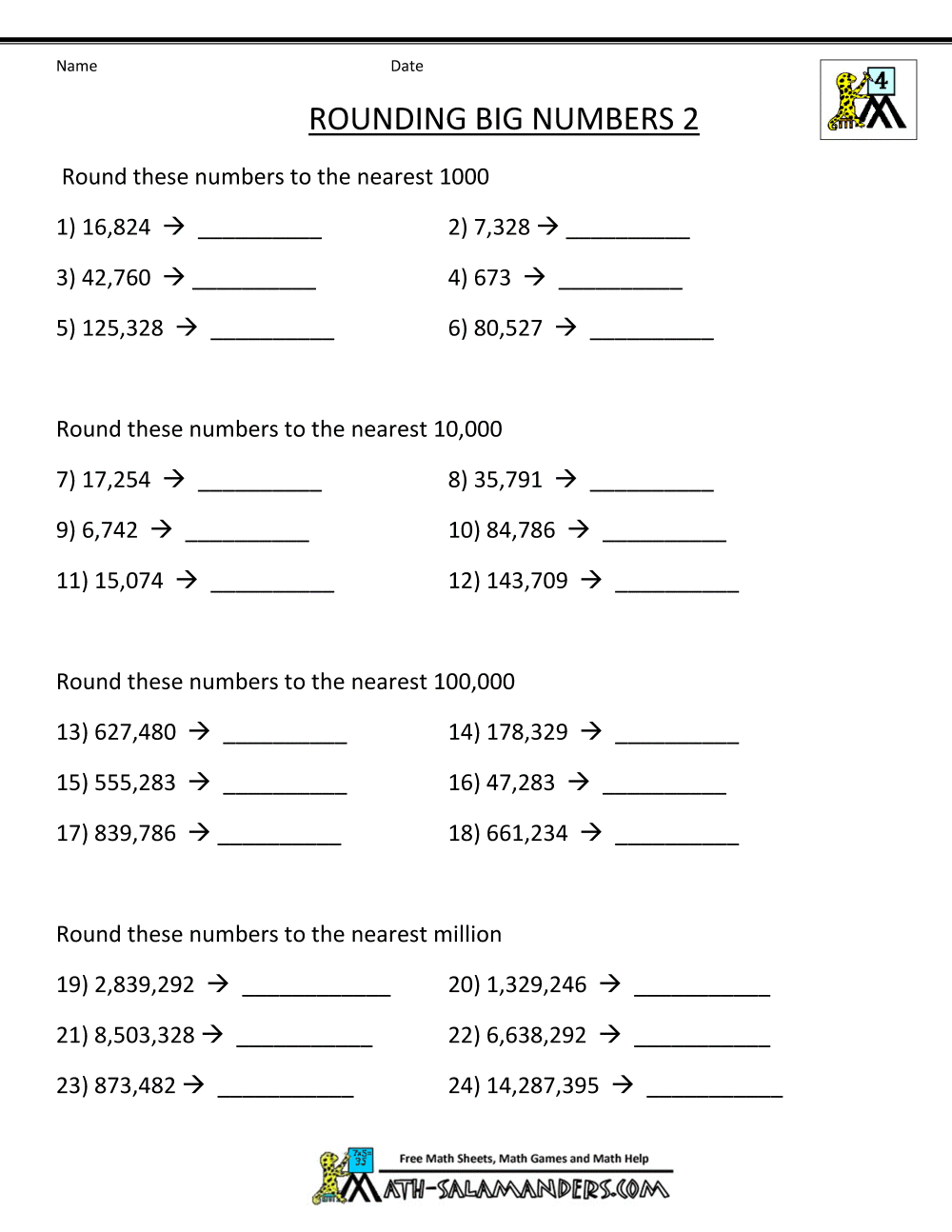 4th Grade Math Worksheets  Reading, Writing And Rounding Big Numbers