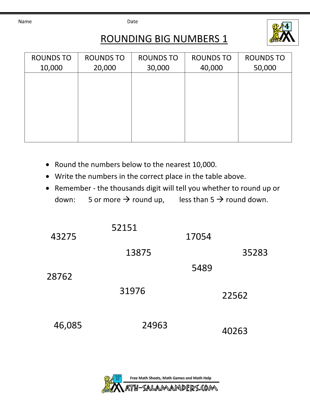 4th Grade Math Worksheets  Reading, Writing And Rounding Big Numbers