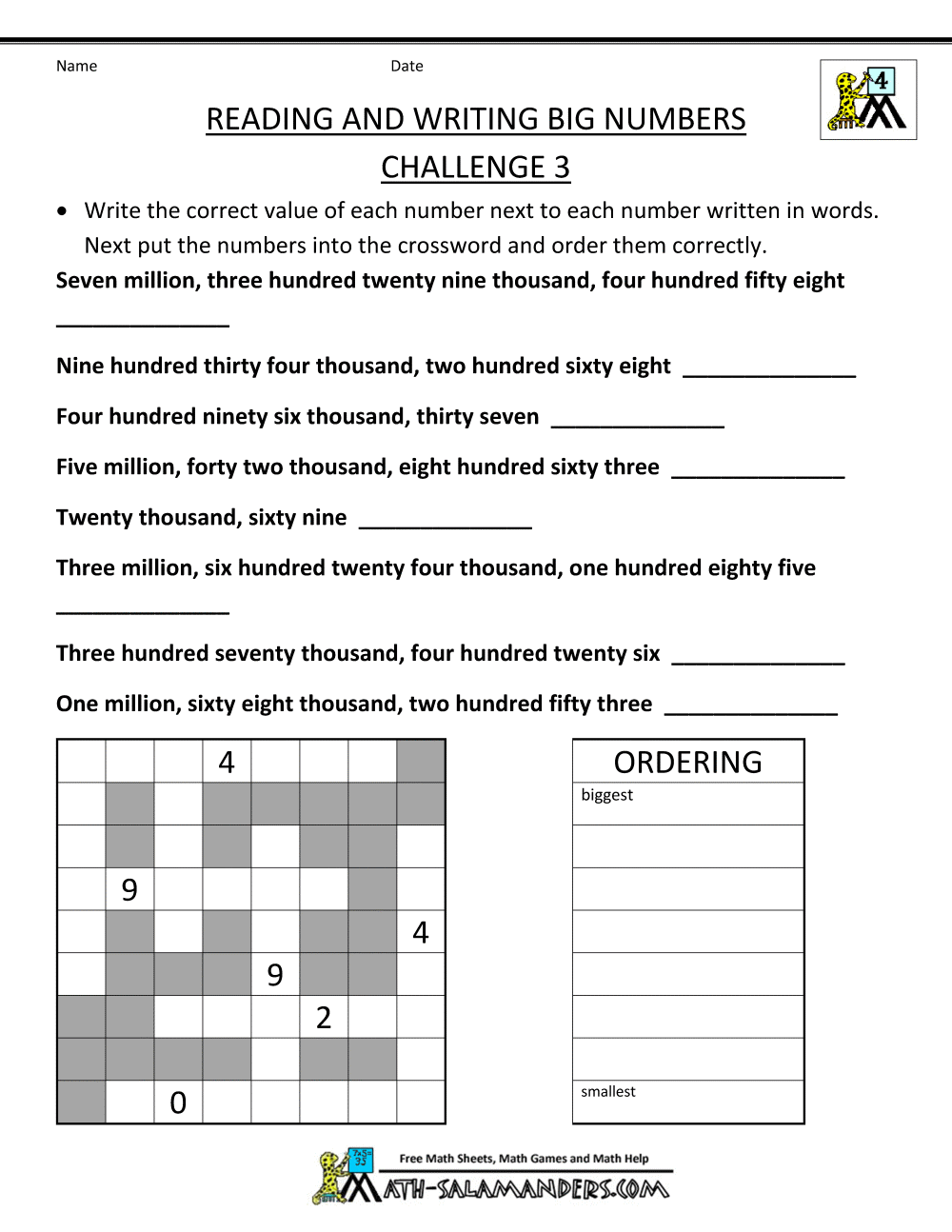 4th Grade Math Worksheets Reading Writing Big Numbers 3